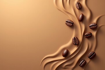 Mocha mousse abstract coffee backdrop. Color of the year 2025. Fresh roasted coffee beans on wavy flowing brown background. Design for cafe, restaurant, bakery, menu, copy space, flat lay, top view.