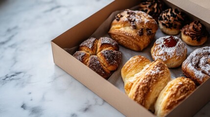 Delicious assortment of pastries in simple cardboard box on marb