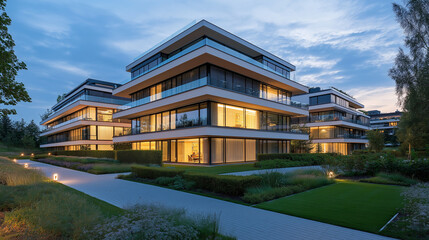The exterior design of a large residential complex several floors high with modern architecture