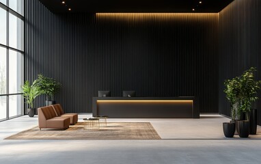 A sleek modern living room in 3D, showcasing modular furniture with clean lines, a large area rug that grounds the space, and a bold black accent wall. 