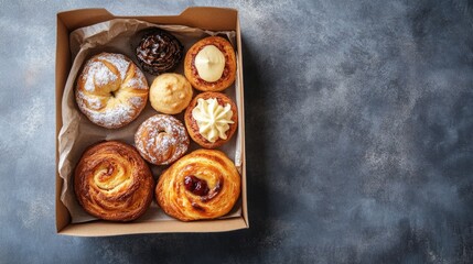 Delicious assortment of pastries arranged neatly in box, showcas