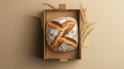Artisan bread resting in rustic box, surrounded by golden wheat