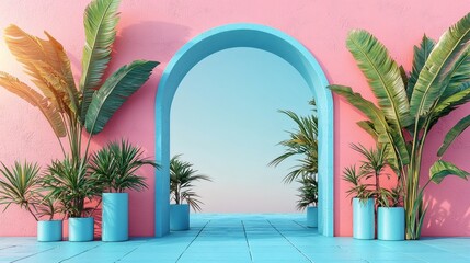 Pink Paradise Archway: A vibrant archway in a pastel pink wall, framed by lush tropical plants in light blue pots, leads to a serene, open sky.  The scene is idyllic and evokes feelings of warmth.
