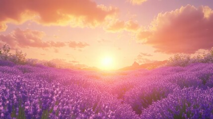 Breathtaking Lavender Field at Sunset: Vibrant Purple Blooms Stretching Toward a Dazzling Horizon with Soft Clouds Illuminated by a Golden Glow