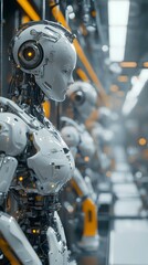 Fototapeta premium An advanced tablet manufacturing line. Futuristic humanoid robots displayed in a high-tech environment.