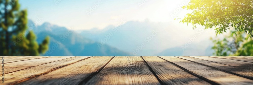 Poster Scenic wooden table with empty space for text and stunning mountain view in bright sunlight. Generative AI