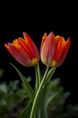 Two tulips, dancing in black background.