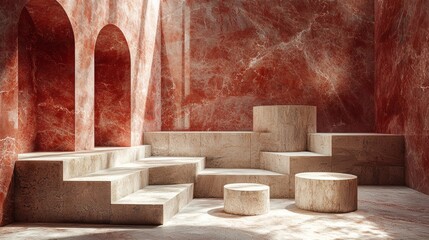 Red Ochre Sanctuary: A minimalist architectural marvel with steps and stone platforms, set against a dramatic backdrop of deep red ochre walls, creates a serene and contemplative atmosphere.