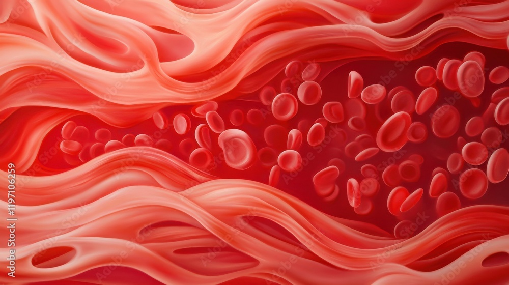 Poster abstract representation of blood flow with cells moving through vessels in bright red tones and orga