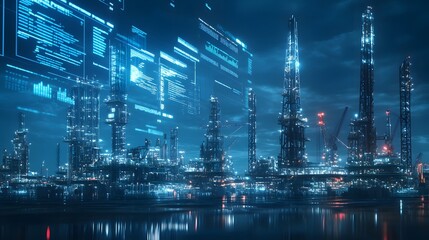 A high-tech financial scene focusing on oil stocks, with oil rigs and fossil fuel extraction sites in the background, digital data floating above