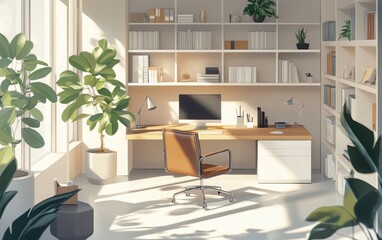 An isometric view of a chic home office featuring ergonomic furniture, a sleek desk with a comfortable chair