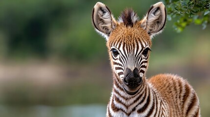Adorable baby zebra foal in African savanna, wildlife, nature background; perfect for wildlife publications