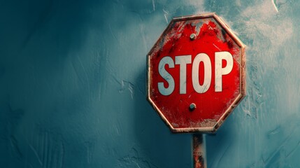 Weathered stop sign on a post against a textured blue background in dim light