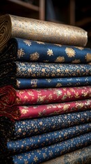 Meticulously Arranged Stack of Various Luxurious Fine Fabrics Showcasing Intricate Designs and Impeccable Quality