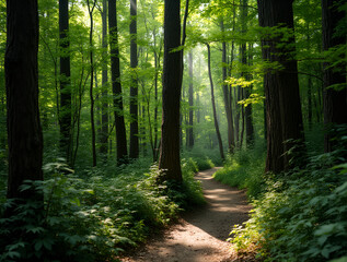 Fototapeta premium a serene forest pathway winding through tall lush trees with sunlight filtering through the leaves
