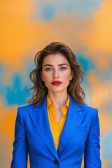 Confident businesswoman in stylish blue suit with a vibrant background