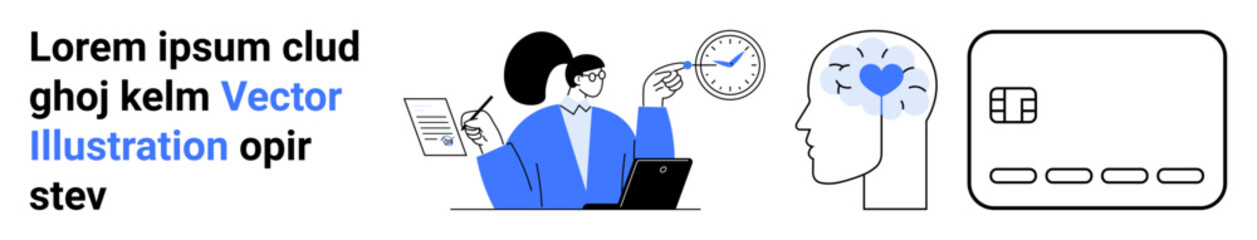 Businesswoman reviews document, points at clock, laptop open head profile with heart in brain credit card. Ideal for business, productivity, mental health, finance, time management, tech solutions