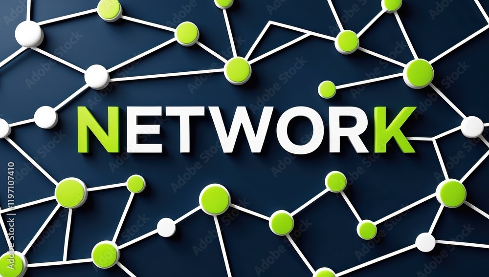 Aufkleber network text title in center and nodes links connect associate relate interact in navy bright green 
