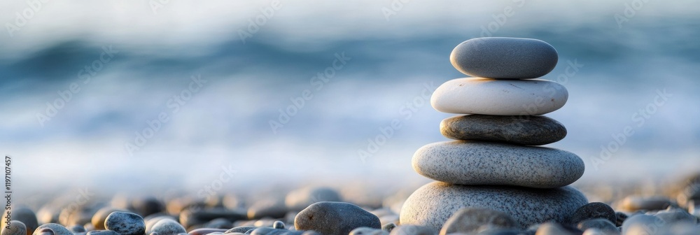Poster stacked pebbles on a beach during sunrise create a calming atmosphere inviting tranquility and refle