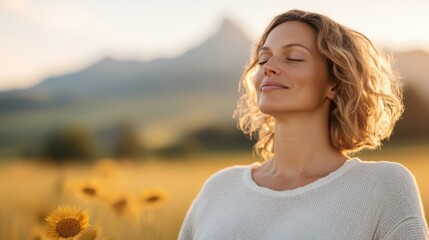 Embracing tranquility through yoga in a sunflower field at sunset