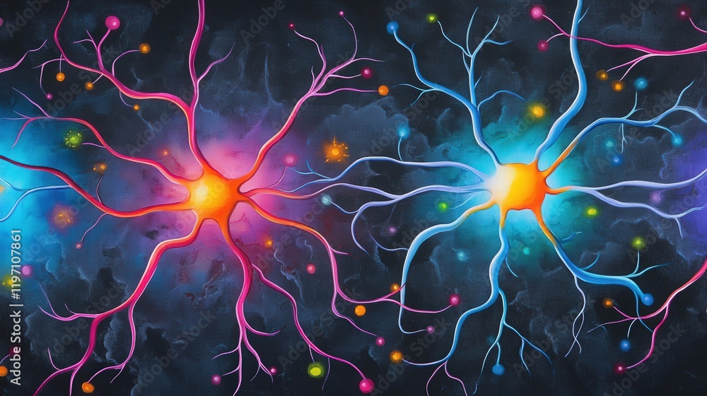 Poster abstract representation of neurons with glowing axons and synapses in vibrant colors on a dark backg