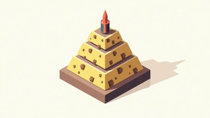 Isometric yellow pyramid with red tip and holes casting shadow, 3D illustration for architecture design, education, ancient history, geometric shapes, light background, minimal style