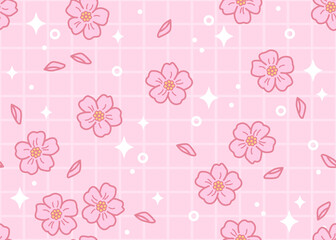 Seamless pattern with Sakura flowers. Pink background. Vector print for wallpaper, fabric, textile design, wrapping paper. Pink cherry blossom seamless pattern. pink Japanese floral pattern. Korean
