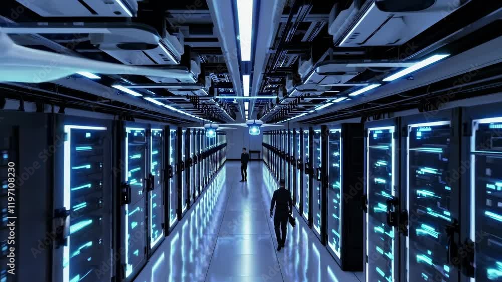 Poster high-tech data center with glowing servers and efficient infrastructure