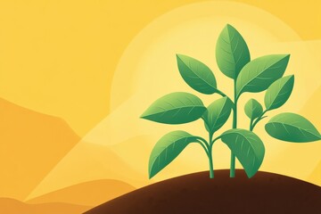 Fresh Green Plant Growing Against a Bright Yellow Sunrise Background Symbolizing New Beginnings and Growth