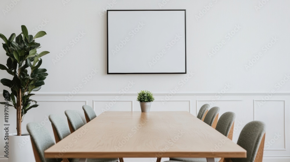 Poster modern meeting room with empty projection screen and comfortable chairs