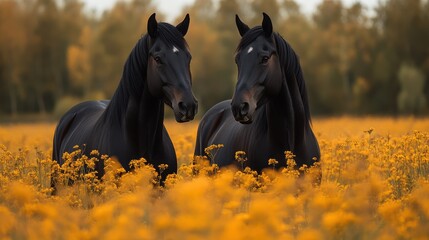 Black horses in a vibrant meadow surrounded by golden flowers
