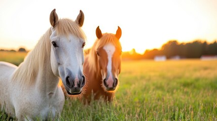 Obraz premium Majestic horses grazing in a golden meadow at sunset