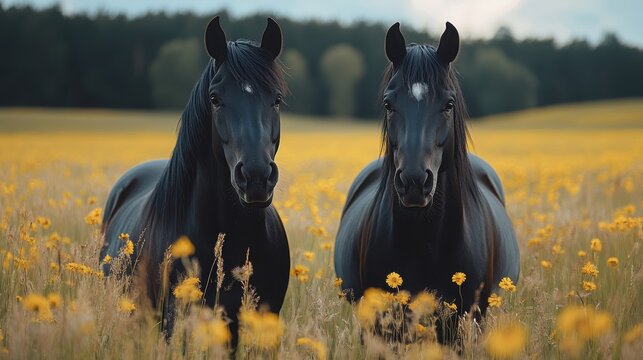 Black horses peacefully roaming a vibrant meadow at dusk