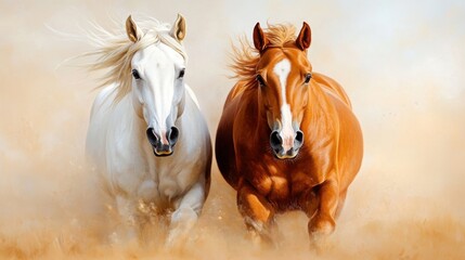 Fototapeta premium Horses gallop together in a sunlit meadow surrounded by nature's beauty