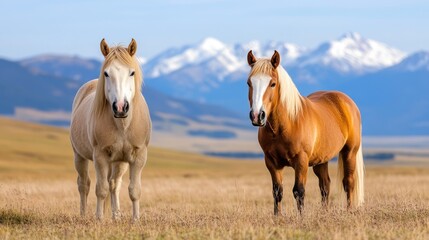 Fototapeta premium Horses wandering gracefully in a serene meadow under the mountains