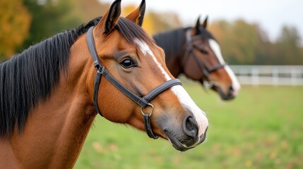Fototapeta premium Horses grazing peacefully in a vibrant meadow during autumn