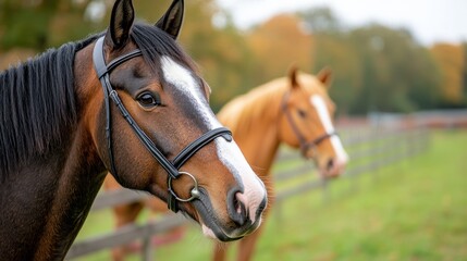 Horses in a tranquil meadow enjoying the beauty of nature together