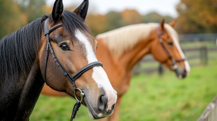 Obraz premium Horses grazing peacefully in a vibrant meadow under a cloudy sky