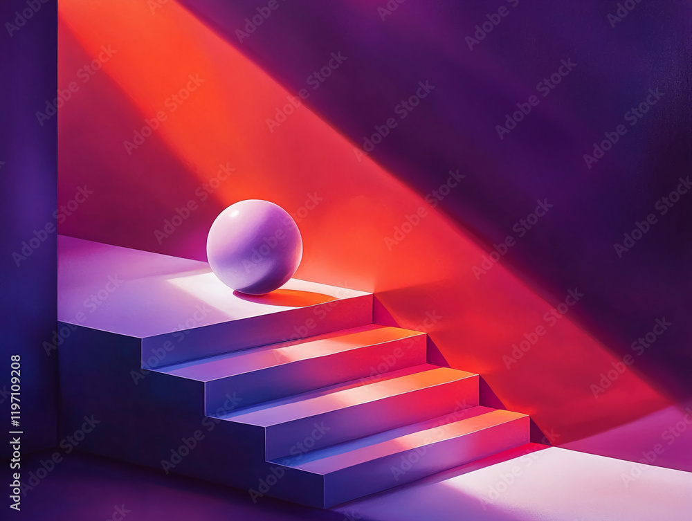 Poster modern staircase with sphere and dynamic lighting in abstract setting