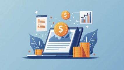 Blue digital tablet with financial graphs and gold coins floating above, illustrating investment growth concept, perfect for business presentations and finance-related content with a modern flat desi