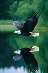 Obraz premium Majestic Bald Eagle Soaring Over Serene Green Lake Water Reflection