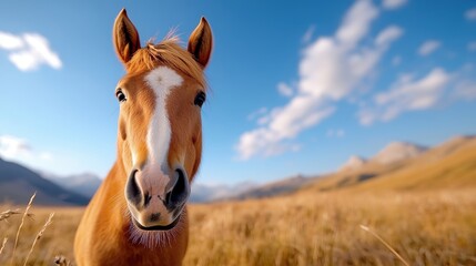 Fototapeta premium Majestic horse grazes peacefully in a sunlit meadow