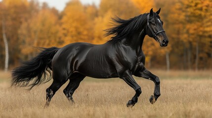 Majestic black horse galloping gracefully through a vibrant autumn meadow