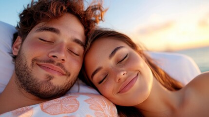 Fototapeta premium Young couple sharing love and dreams in a cozy bedroom at sunset