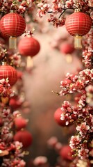  Front View of Chinese new year's frame background. Red Lanterns and Floral cherry blossoms. Red and gold tones. Blurred background. Copy Space. Generative AI