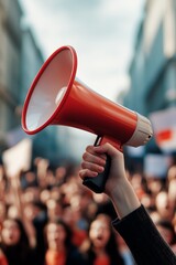 Hand holding red megaphone at a lively protest with cheering crowd