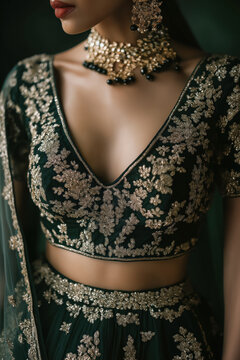 intricate golden embroidery on dark green lehenga blouse with detailed craftsmanship