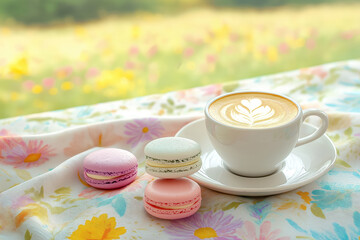 spring inspired latte art with floral teacup and pastel macarons on a vibrant tablecloth