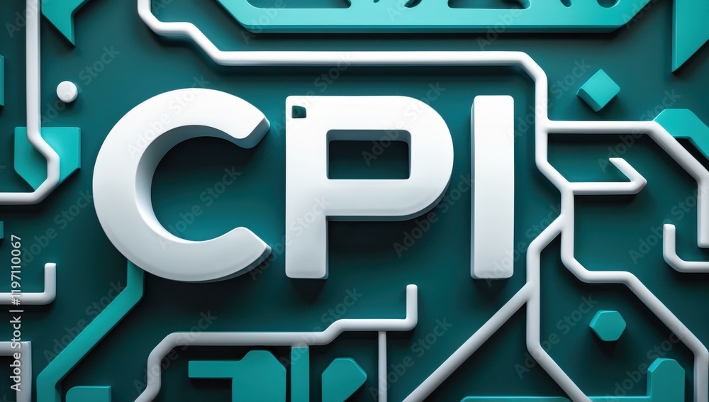 Poster cpi text title in center and link web address connection navigate site in teal white silver colors
