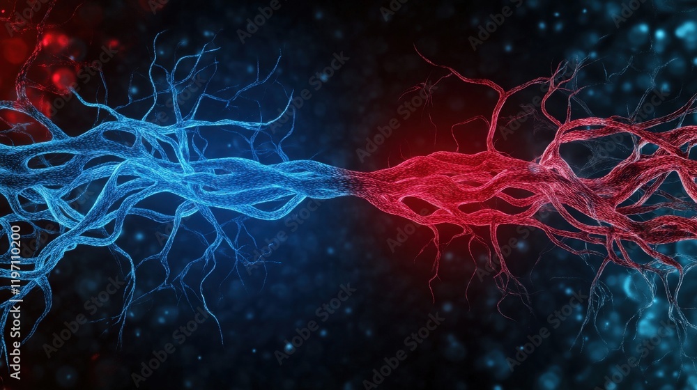 Poster intricate digital representation of intertwined red and blue neural pathways with abstract backgroun